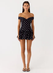 Minivestido con hombros descubiertos romance infinito - lunares negros
