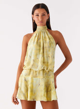 Minivestido Halter de Primera Cita - Teñido Anudado Amarillo