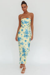 Vestido largo sin tirantes City Of Stars floral amarillo