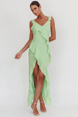 Vestido largo con volantes Johannson, color pistacho