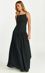 Maxivestido Cortez - Vestido Largo con Cuello Cuadrado, Botones y Corte a la Cadera en Negro