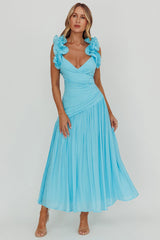 Vestido maxi Kinley con volantes en los tirantes, color azul