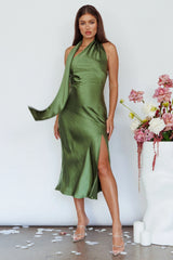 Vestido Midi com Laço no Pescoço de Verão Italiano Verde Oliva