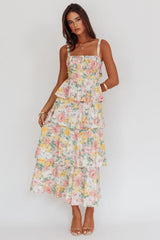 Vestido longo Provença Bloom com babados em camadas Floral