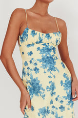 Vestido Maxi Floral Torcido com Decote nas Costas Nerida Amarelo