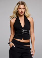 Top Rina con cuello halter y cinturón - Negro