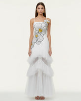 Orchid Embroidered Ruffled Tulle Strapless Maxi Dress - White