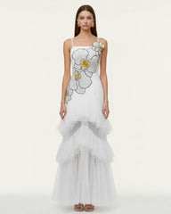 Orchid Embroidered Ruffled Tulle Strapless Maxi Dress - White