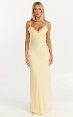 Vestido longo Kyra - Vestido de cetim com busto de renda e amarração nas costas em amarelo-limão