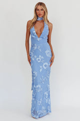 Vestido longo Cipriana frente única sem costas azul com detalhes
