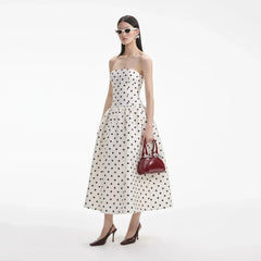 Vestido Midi de Tafetán Crema con Lunares