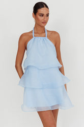 Minivestido con cuello halter y volantes Tulipanes azul bebé