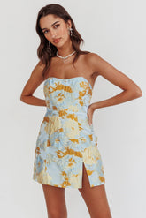 Marlina Vestido Mini Jacquard Sin Tirantes Azul