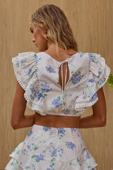 Top crop con pliegues, volantes y pinzas, floral beige