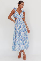 Vestido largo con espalda de cordones Madara estampado floral azul