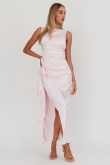 Vestido largo Kamillia con cuello barco y aberturas, rosa hielo