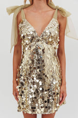 Minivestido Mykonos Morning com Alças de Amarrar e Lantejoulas Dourado