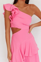 Vestido longo Deanna ombro único com camadas rosa
