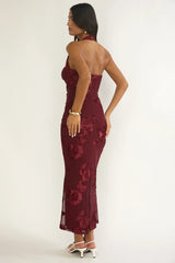 Vestido Longo Serene Halterneck Embelezado Vinho