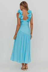 Vestido maxi Kinley con volantes en los tirantes, color azul