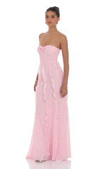 Vestido Longo Chiffon Rosette Ruffle Rosa