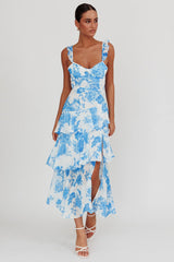 Vestido maxi floral branco/azul com alças e babados Veda