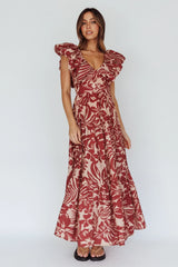 Vestido maxi Kahlo con volantes abullonados en el escote y estampado Flame