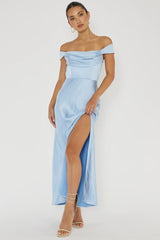 Vestido azul Lucinda con hombros descubiertos y espalda en V