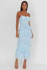 Vestido Maxi Azul com Babados e Decote Coração Dulce Dreams