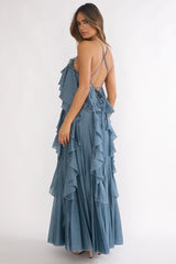 Vestido longo Oceara com alças finas e babados azul-ardósia