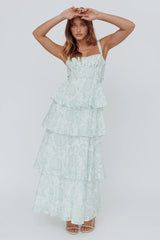 Vestido largo escalonado con estampado floral Provence Bloom en color salvia