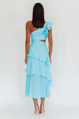 Vestido maxi azul Deanna con un solo hombro y volantes