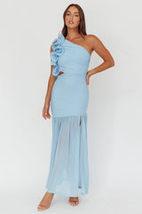 Vestido largo Deanna asimétrico de un hombro con bajo transparente azul