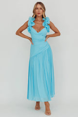 Vestido maxi Kinley con volantes en los tirantes, color azul