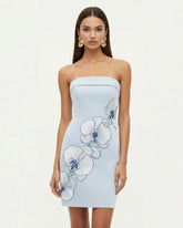 Orchid Embroidered Strapless Sheath Midi Dress - Light Blue