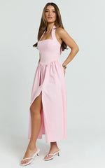 Vestido Helda Midi - Vestido com Painel de Corset e Amarração Halter Rosa