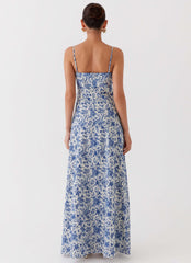 Vestido longo Angelina de linho - Estampa paisley azul