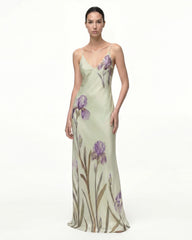 Iris Motif Satin Slip Gown - Light Green/Purple