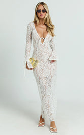 Paula Maxi Dress - Lace V Neck Long Sleeve Column Dress in White