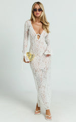 Paula Maxi Dress - Lace V Neck Long Sleeve Column Dress in White