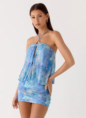 Minivestido halter Jisoo - Paisley aguamarina