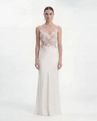 Floral Appliqué Sheer Lace Maxi Dress - White