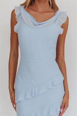 Vestido Longo Sangria Azul com Gola Drapeada e Babados