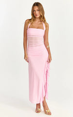 Almarie Midi Dress - Halter Neck Mesh Dress in Pink