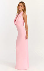 Sylvana Maxi Dress - Cowl Halter Neck Bodycon Dress in Baby Pink