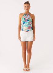 Top Dalila con abalorios y espalda anudada - Santorini Floral