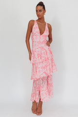 Vestido Maxi Veda com Alças e Costas Abertas Floral Rosa