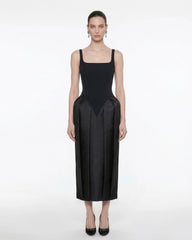 Square Neck Pannier Midi Dress - Black