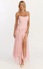 Idris Maxi Dress - Cowl Neck Draped Sash Godet Dress in Soft Pink