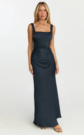 Rumi Midi Dress - Rushed Bodiest Satin Dress in Navy